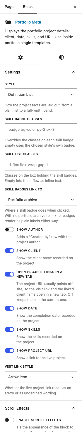 The Portfolio Meta settings in the block editor sidebar