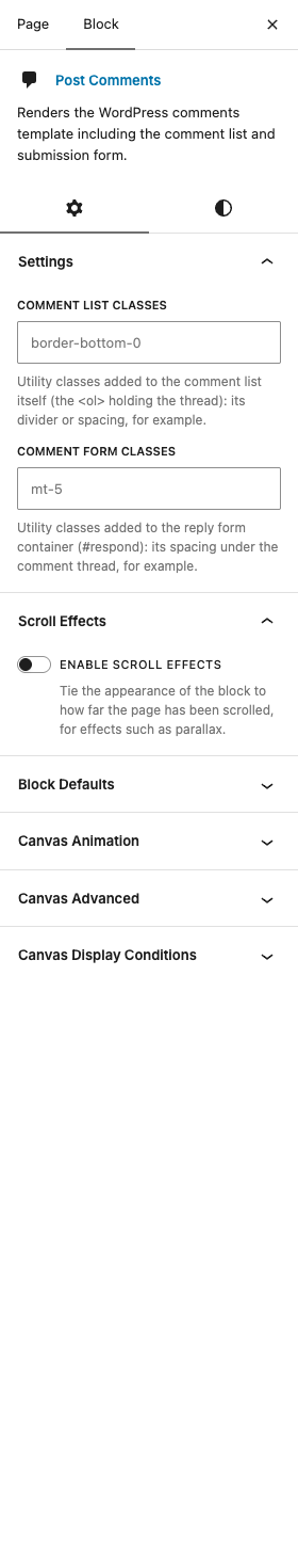 The Post Comments settings in the block editor sidebar