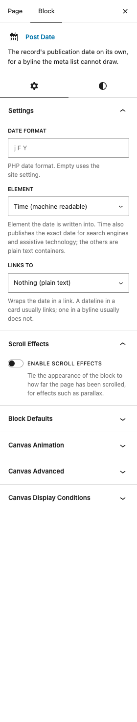 The Post Date settings in the block editor sidebar