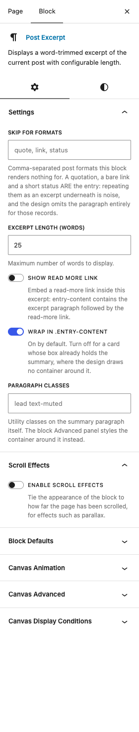 The Post Excerpt settings in the block editor sidebar