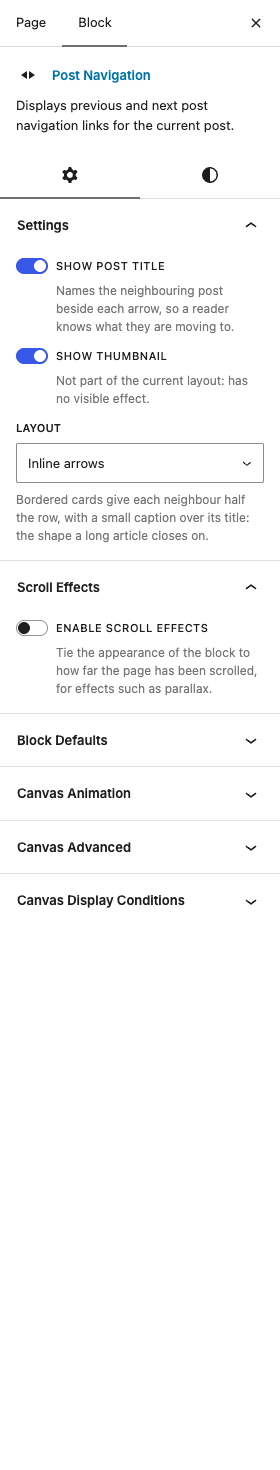 The Post Navigation settings in the block editor sidebar