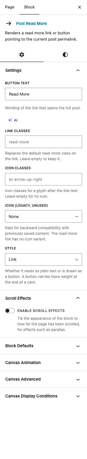 The Post Read More settings in the block editor sidebar