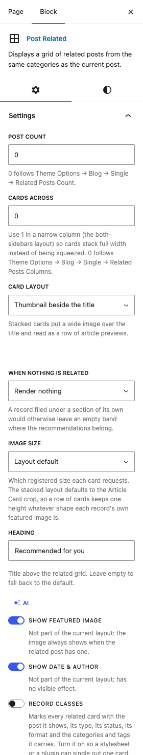 The Post Related settings in the block editor sidebar