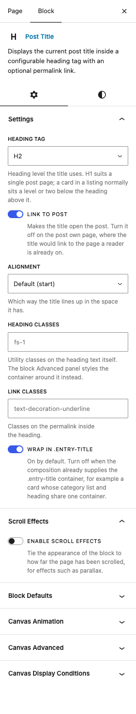 The Post Title settings in the block editor sidebar