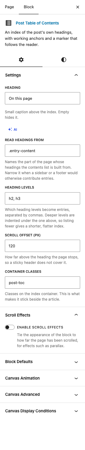 The Post Table of Contents settings in the block editor sidebar