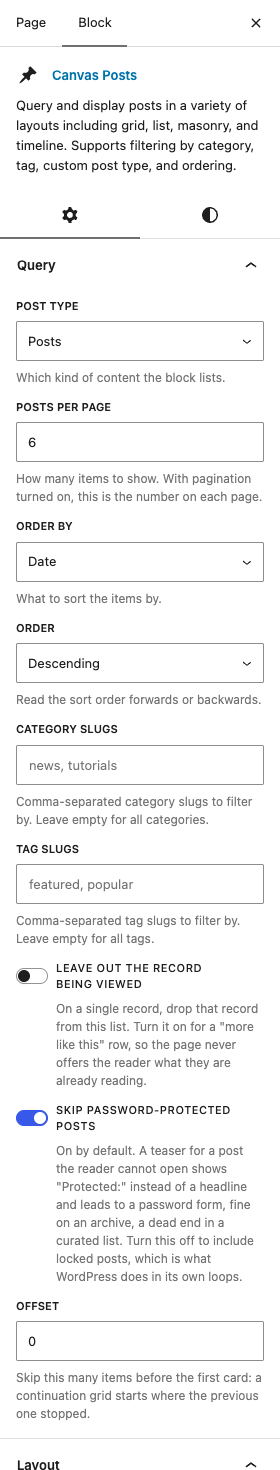 The Posts settings in the block editor sidebar