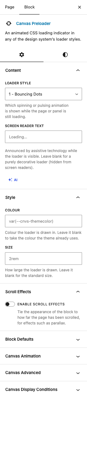 The Preloader settings in the block editor sidebar