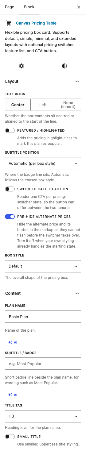 The Pricing Tables settings in the block editor sidebar