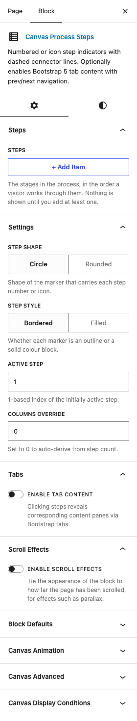 The Process Steps settings in the block editor sidebar