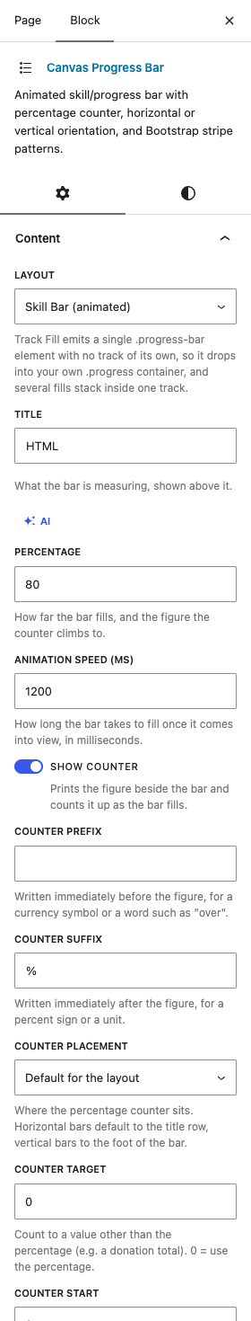 The Progress Bars settings in the block editor sidebar