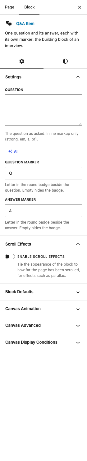 The Q&A Item settings in the block editor sidebar