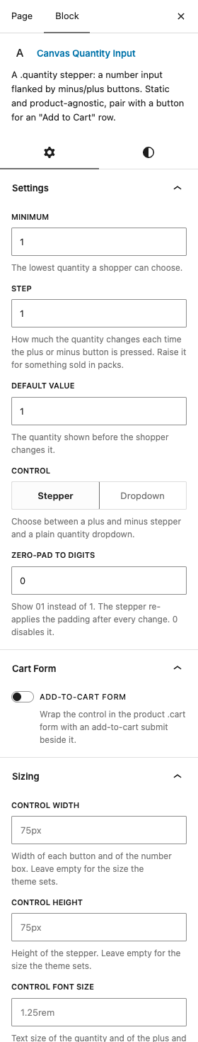 The Quantity Input settings in the block editor sidebar