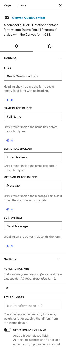 The Quick Contact settings in the block editor sidebar