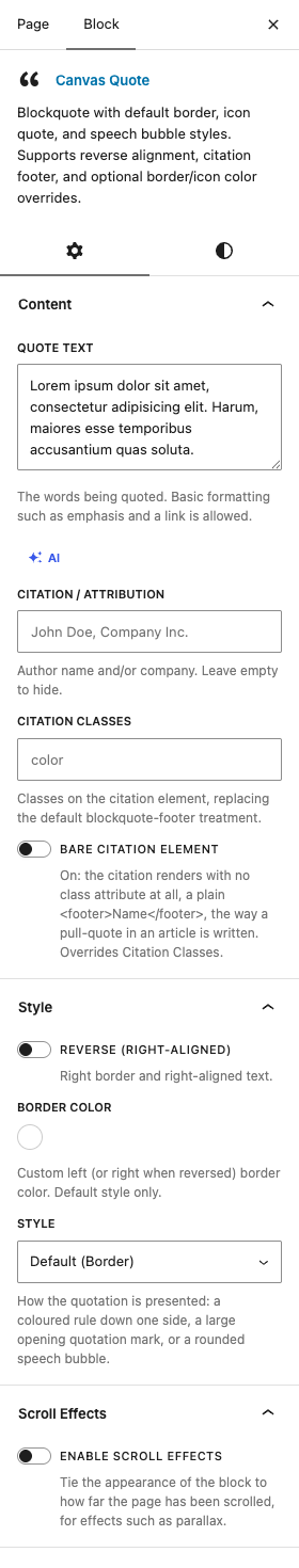 The Quotes settings in the block editor sidebar