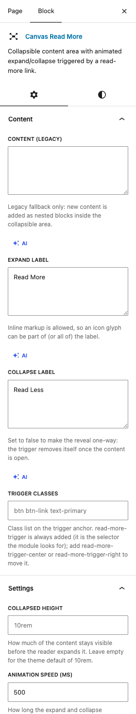 The Read More settings in the block editor sidebar