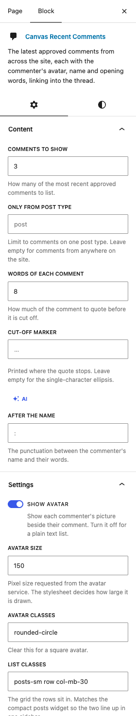 The Recent Comments settings in the block editor sidebar