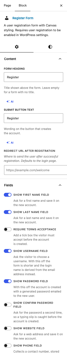 The Register Form settings in the block editor sidebar