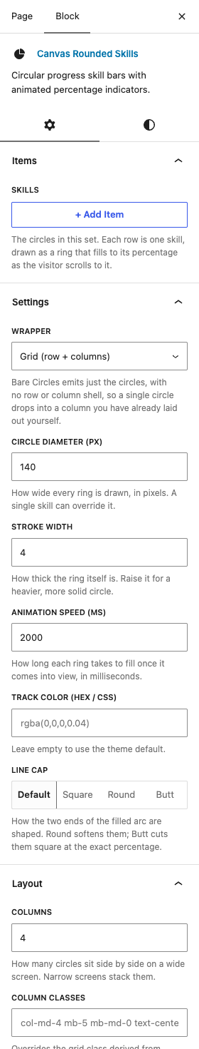 The Rounded Skills settings in the block editor sidebar