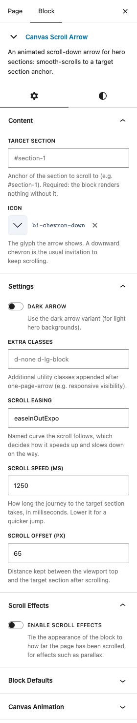The Scroll Arrow settings in the block editor sidebar
