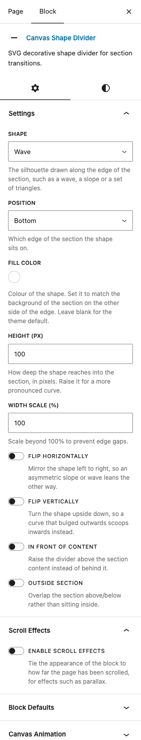 The Shape Dividers settings in the block editor sidebar