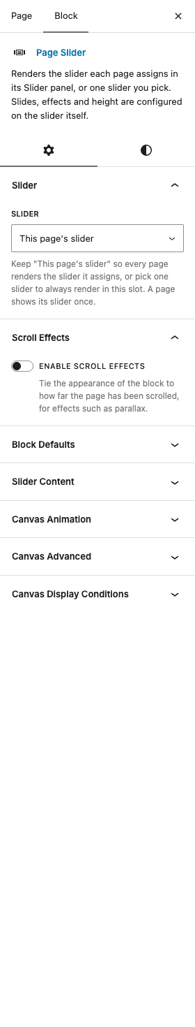 The Page Slider settings in the block editor sidebar