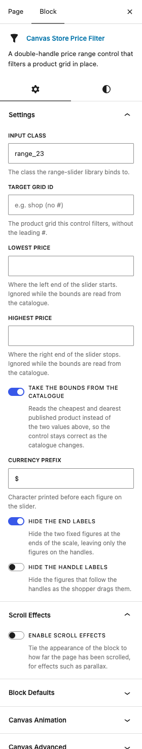 The Store Price Filter settings in the block editor sidebar