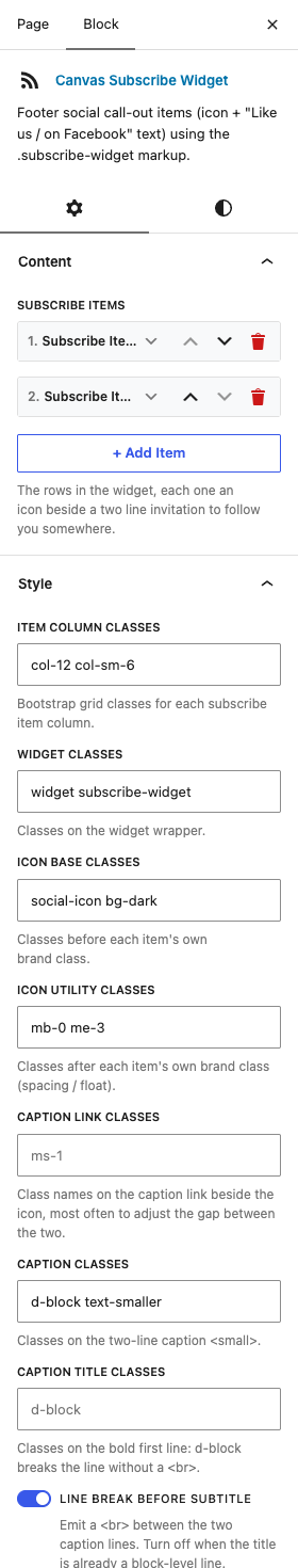 The Subscribe Widget settings in the block editor sidebar