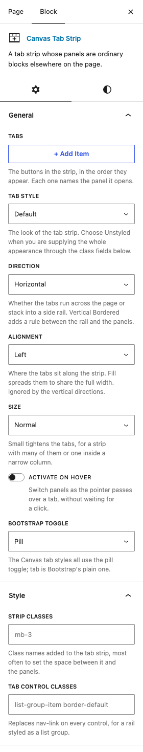 The Tab Strip settings in the block editor sidebar