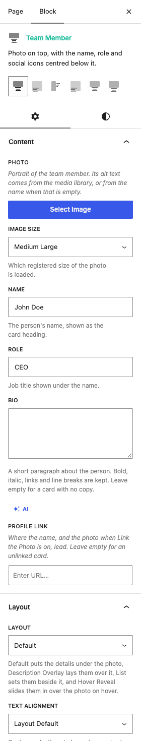 The Team Members settings in the block editor sidebar