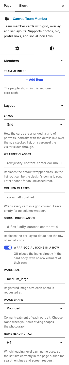 The Team Members settings in the block editor sidebar