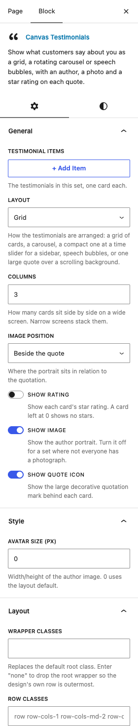 The Testimonials settings in the block editor sidebar