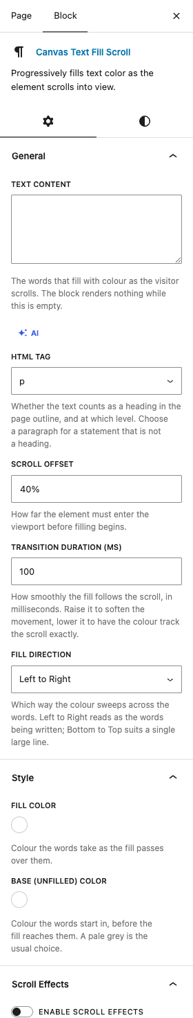 The Text Fill Scroll settings in the block editor sidebar
