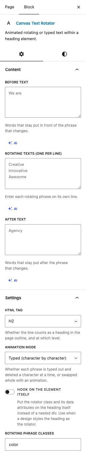 The Text Rotator settings in the block editor sidebar