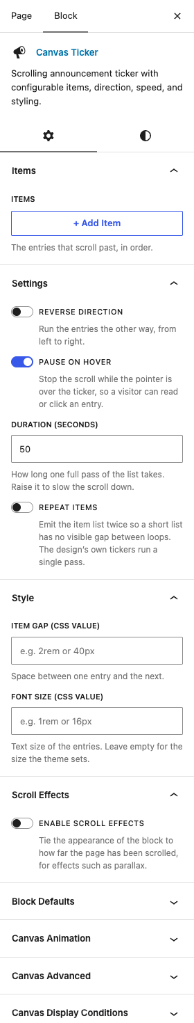 The Ticker settings in the block editor sidebar