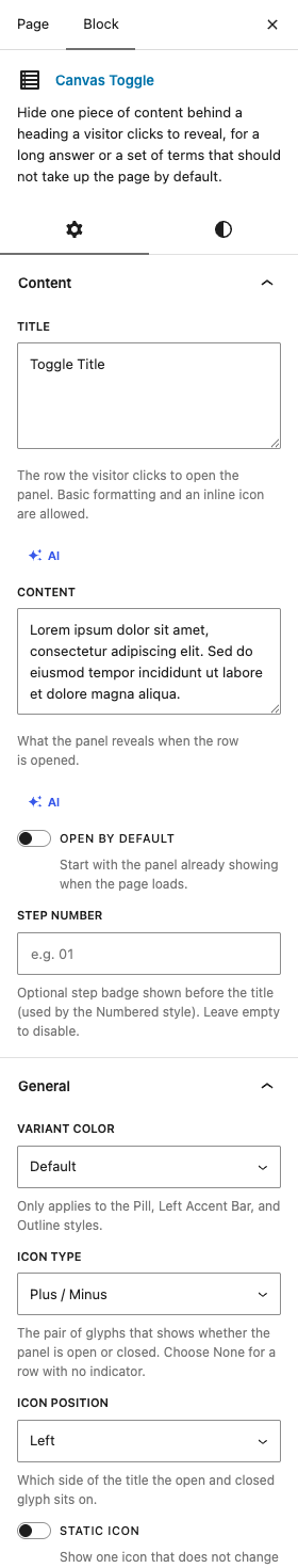 The Toggles settings in the block editor sidebar