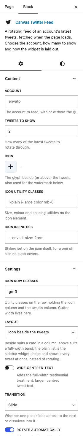 The Twitter Feed settings in the block editor sidebar