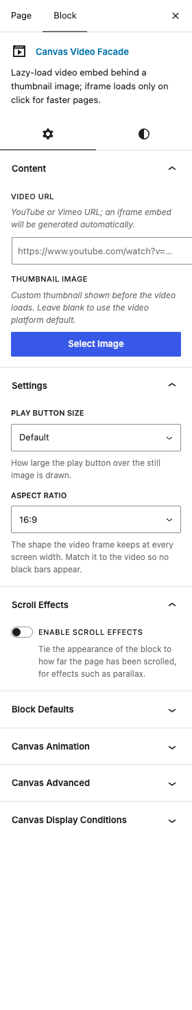 The Video Facade settings in the block editor sidebar