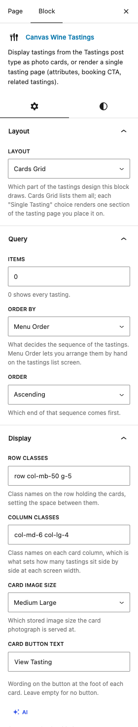 The Wine Tastings settings in the block editor sidebar