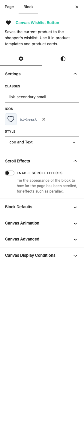 The Wishlist Button settings in the block editor sidebar