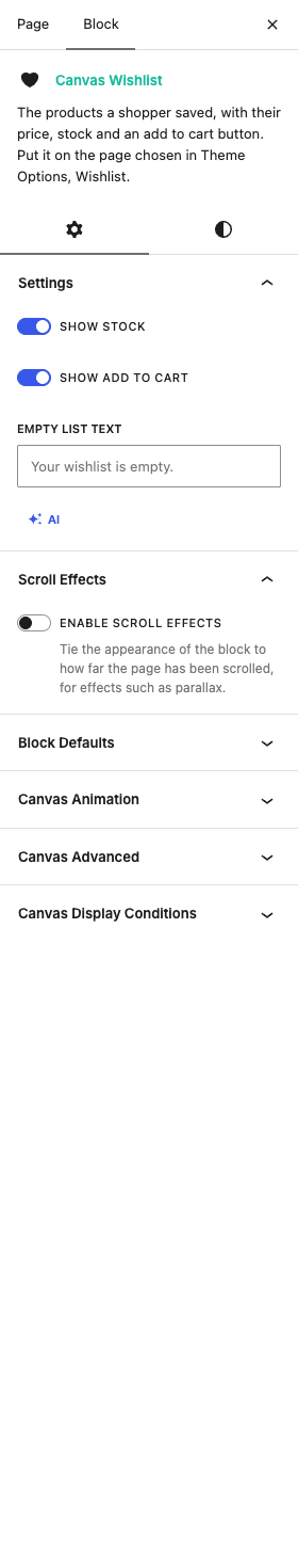 The Wishlist settings in the block editor sidebar