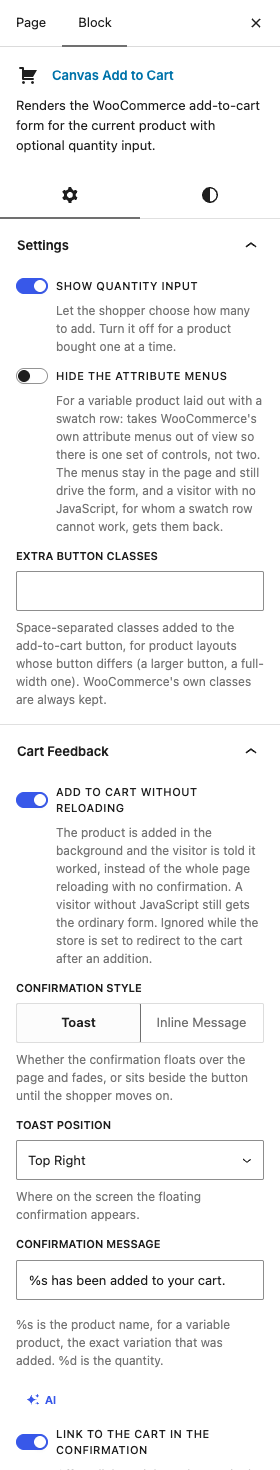 The Add to Cart settings in the block editor sidebar
