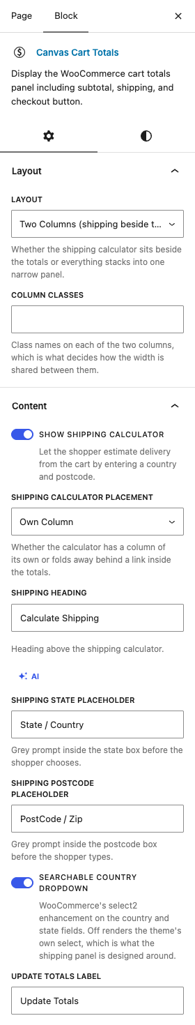 The Cart Totals settings in the block editor sidebar