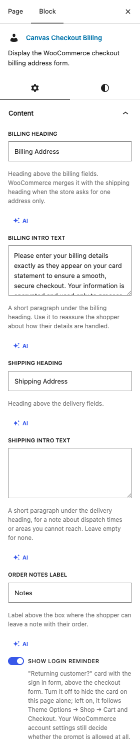 The Checkout Billing settings in the block editor sidebar
