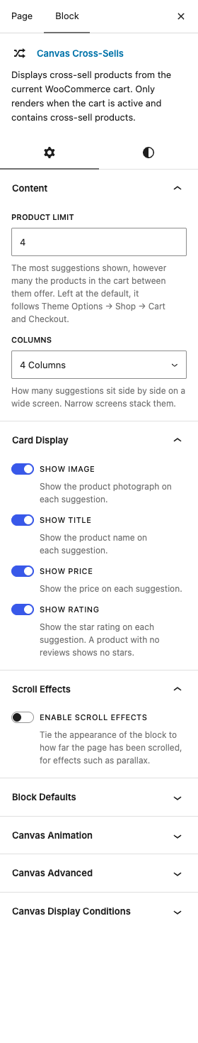 The Cross-Sells settings in the block editor sidebar