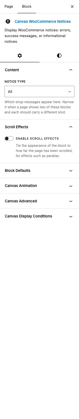 The WooCommerce Notices settings in the block editor sidebar