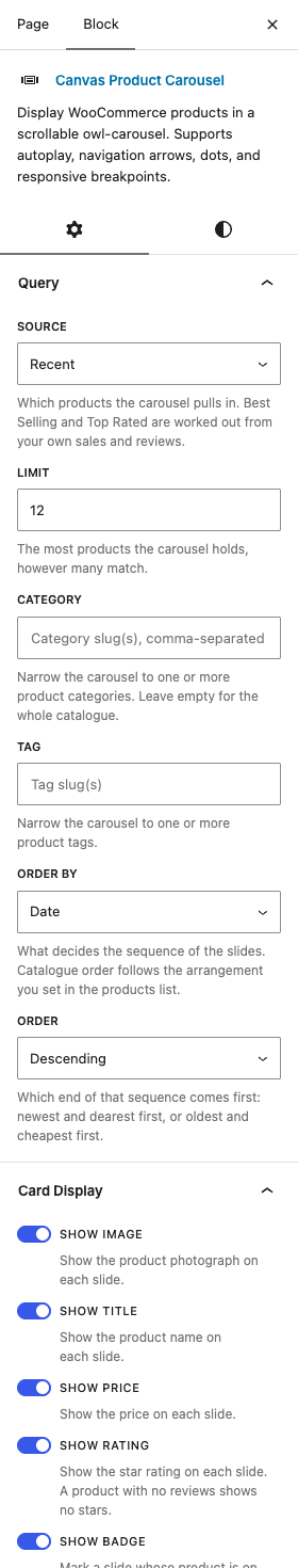 The Product Carousel settings in the block editor sidebar