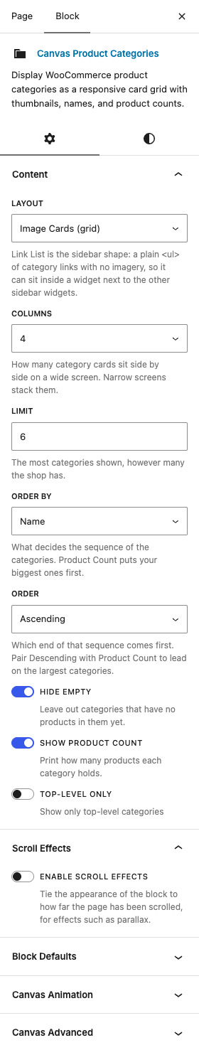 The Product Categories settings in the block editor sidebar