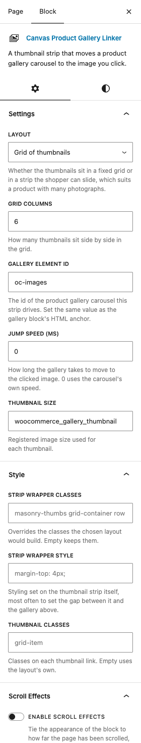 The Product Gallery Linker settings in the block editor sidebar