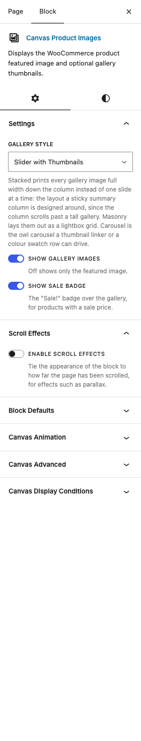 The Product Images settings in the block editor sidebar