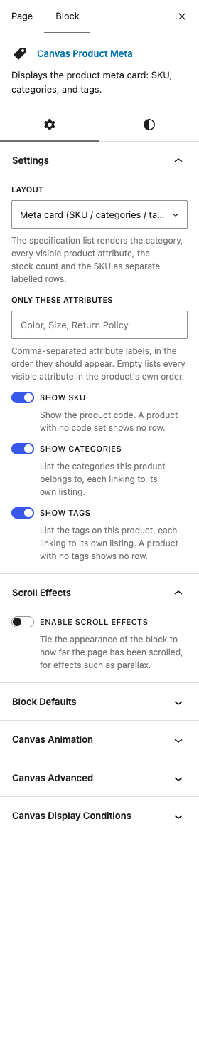 The Product Meta settings in the block editor sidebar